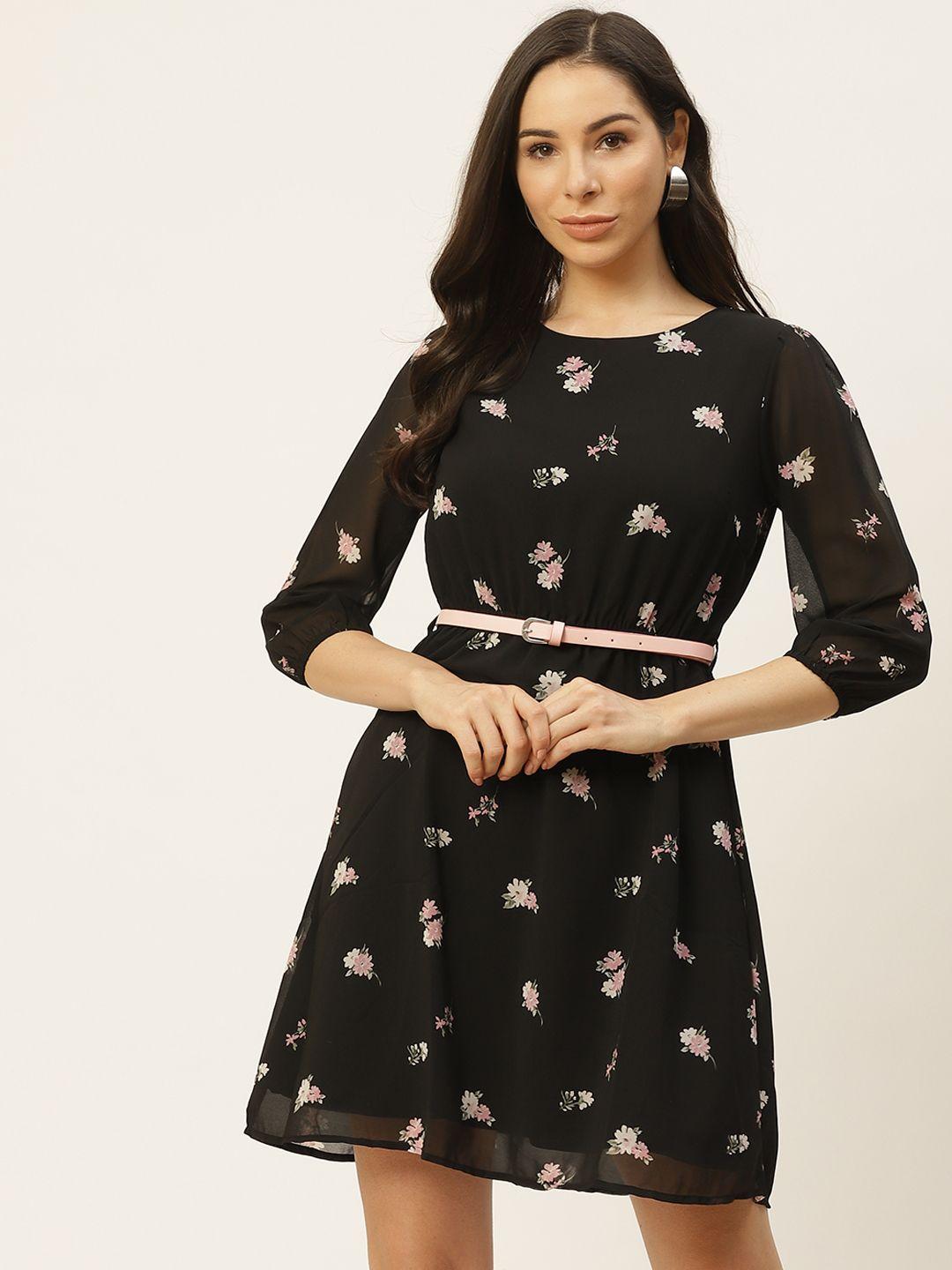 flying machine black & pink floral a-line dress