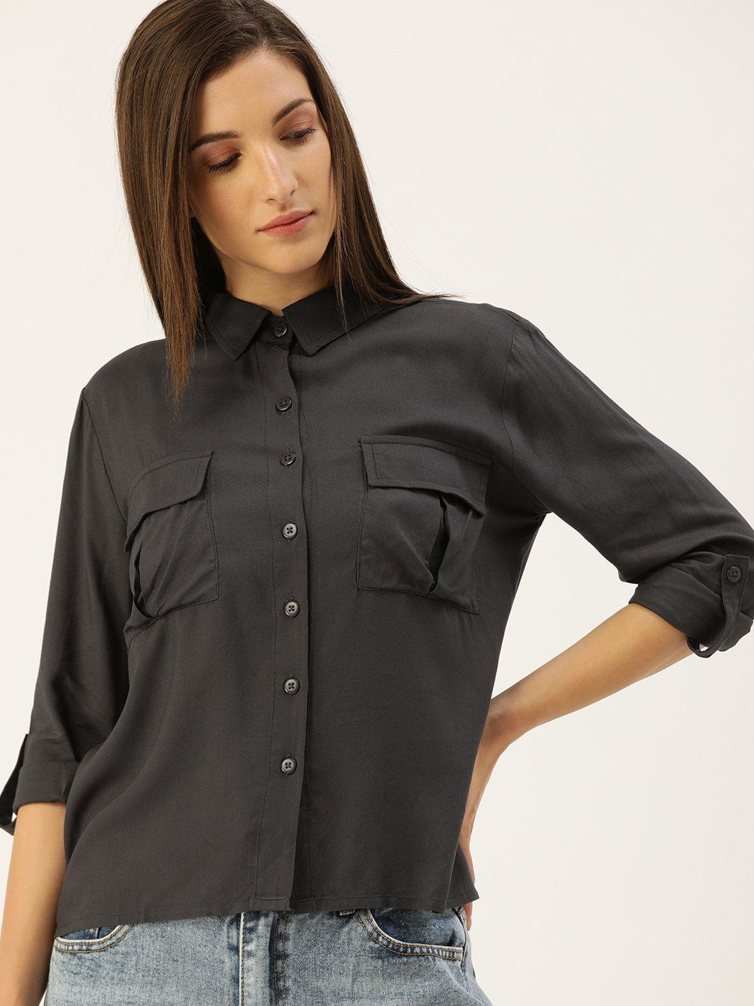 flying machine charcoal roll-up sleeves shirt style top