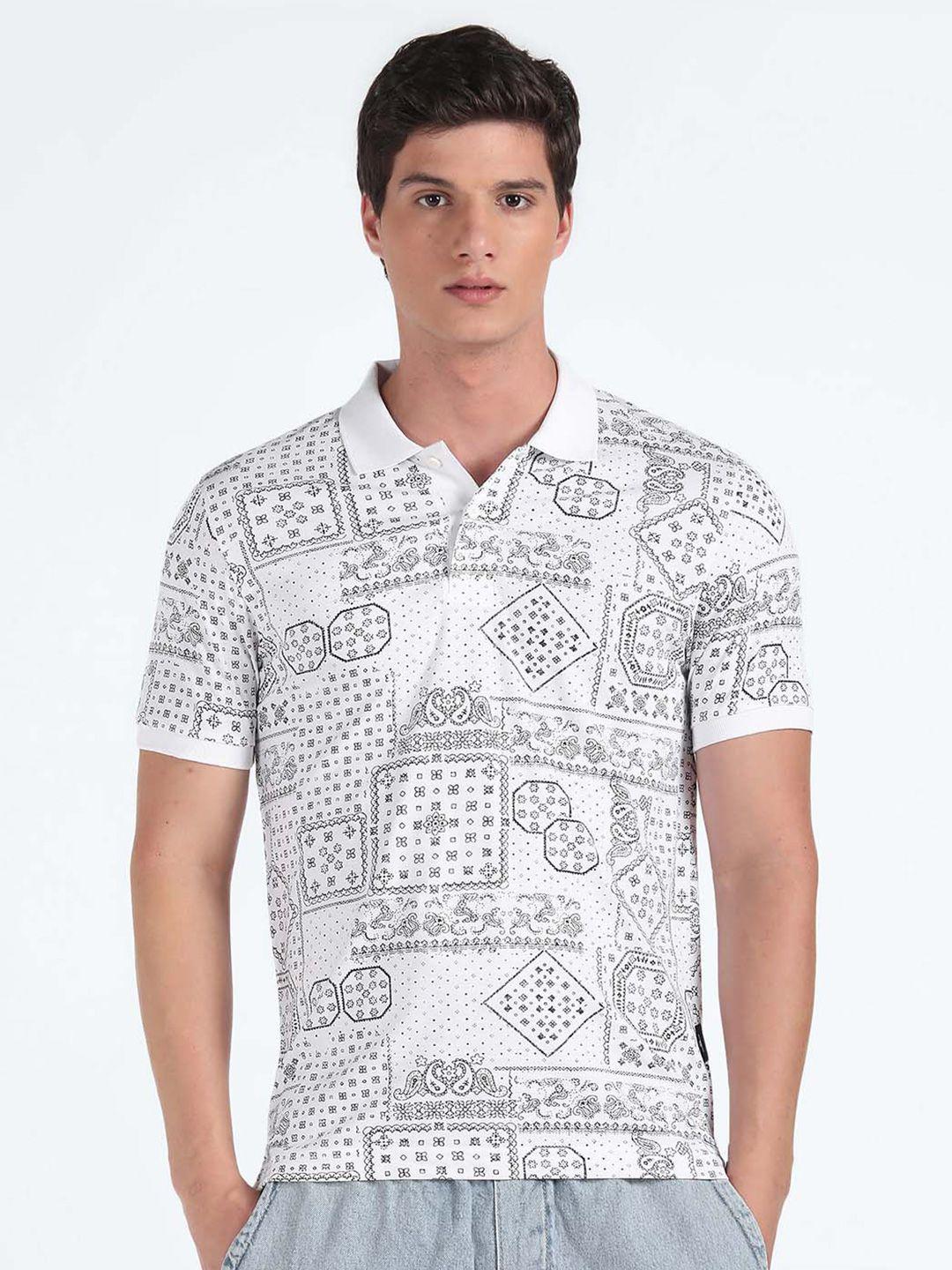 flying machine ethnic motifs printed polo collar pure cotton t-shirt