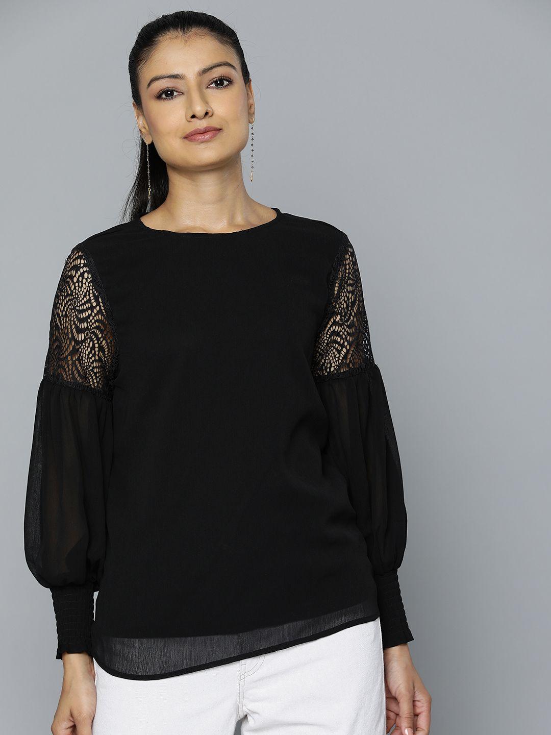 flying machine lace inserted puff sleeves top