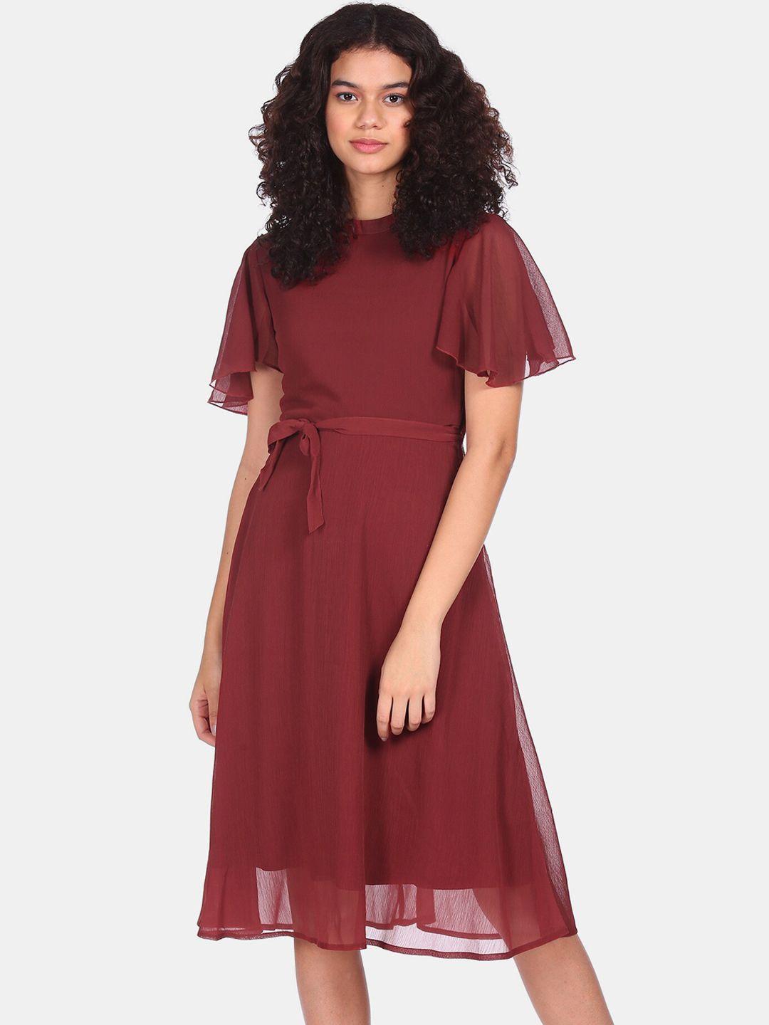 flying machine maroon  high neck flared dress