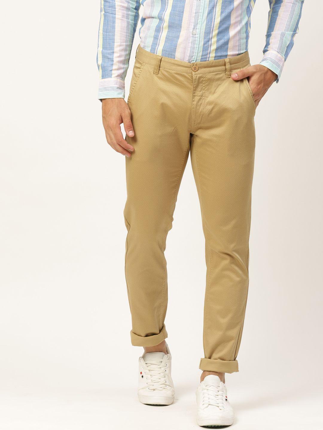 flying machine men beige printed slim fit regular trousers