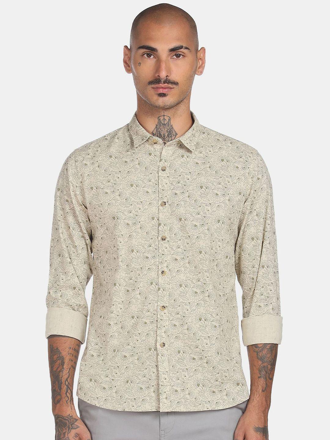 flying machine men beige regular fit floral printed cotton casual shirt