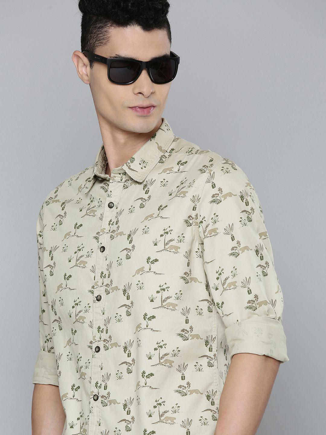 flying machine men beige slim fit conversational opaque printed pure cotton casual shirt