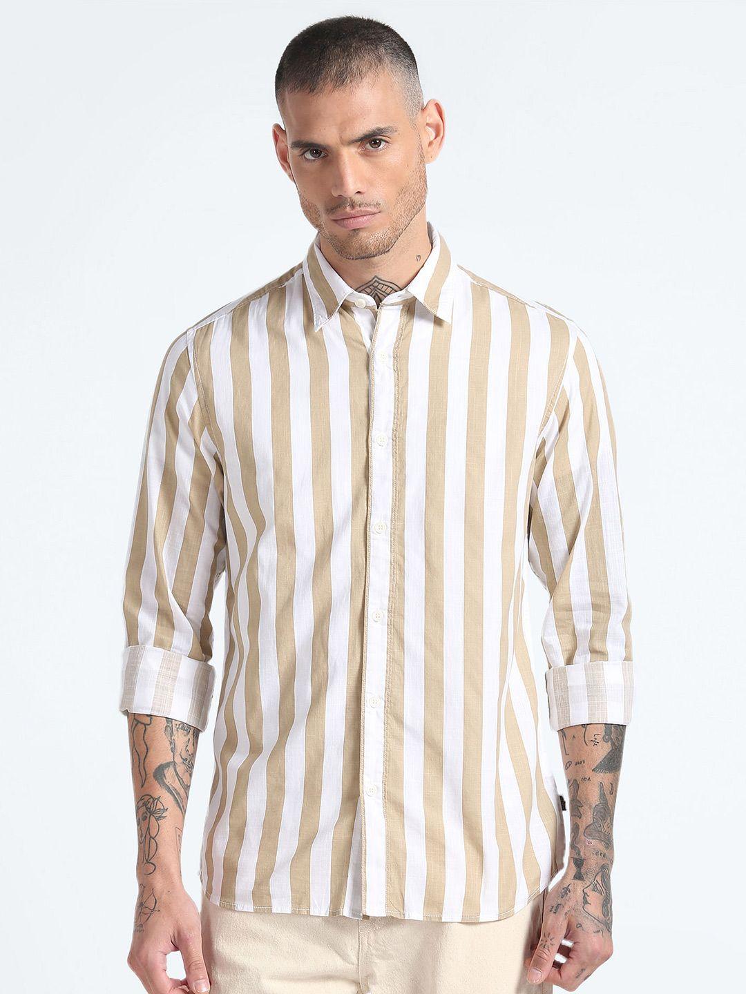 flying machine men beige slim fit opaque striped casual shirt