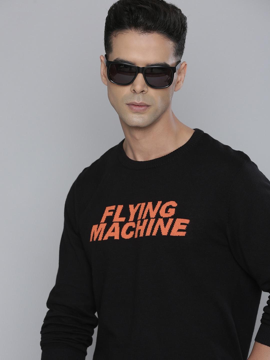 flying machine men black brand logo printed pure cotton pullover
