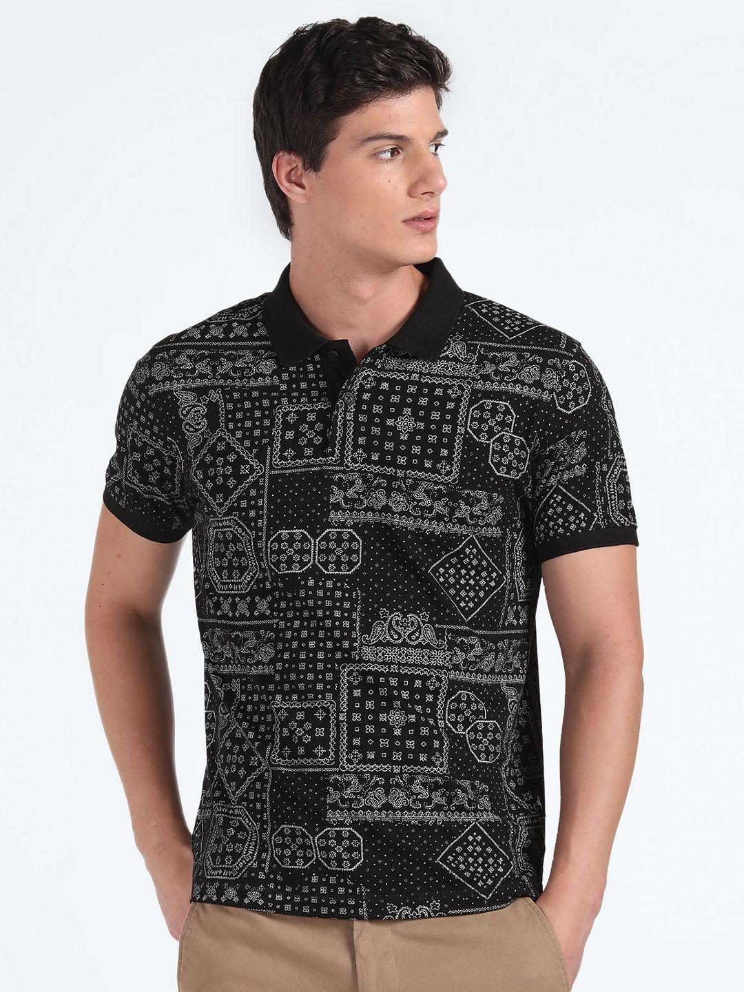 flying machine men black printed polo collar t-shirt