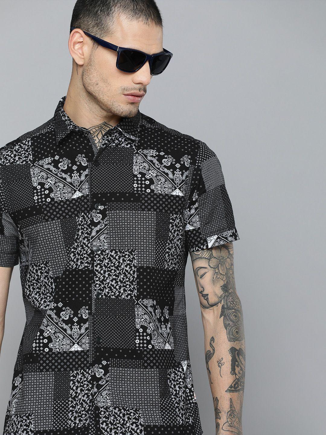 flying machine men black standard slim fit ethnic motifs printed pure cotton casual shirt