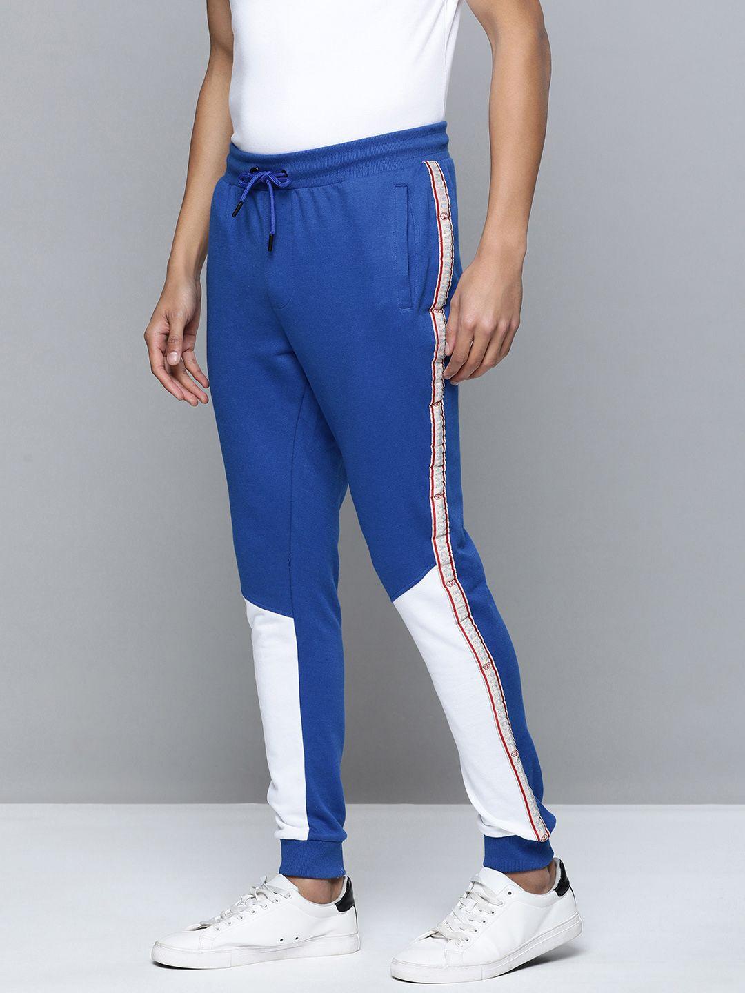 flying machine men blue & white colourblocked slim fit joggers