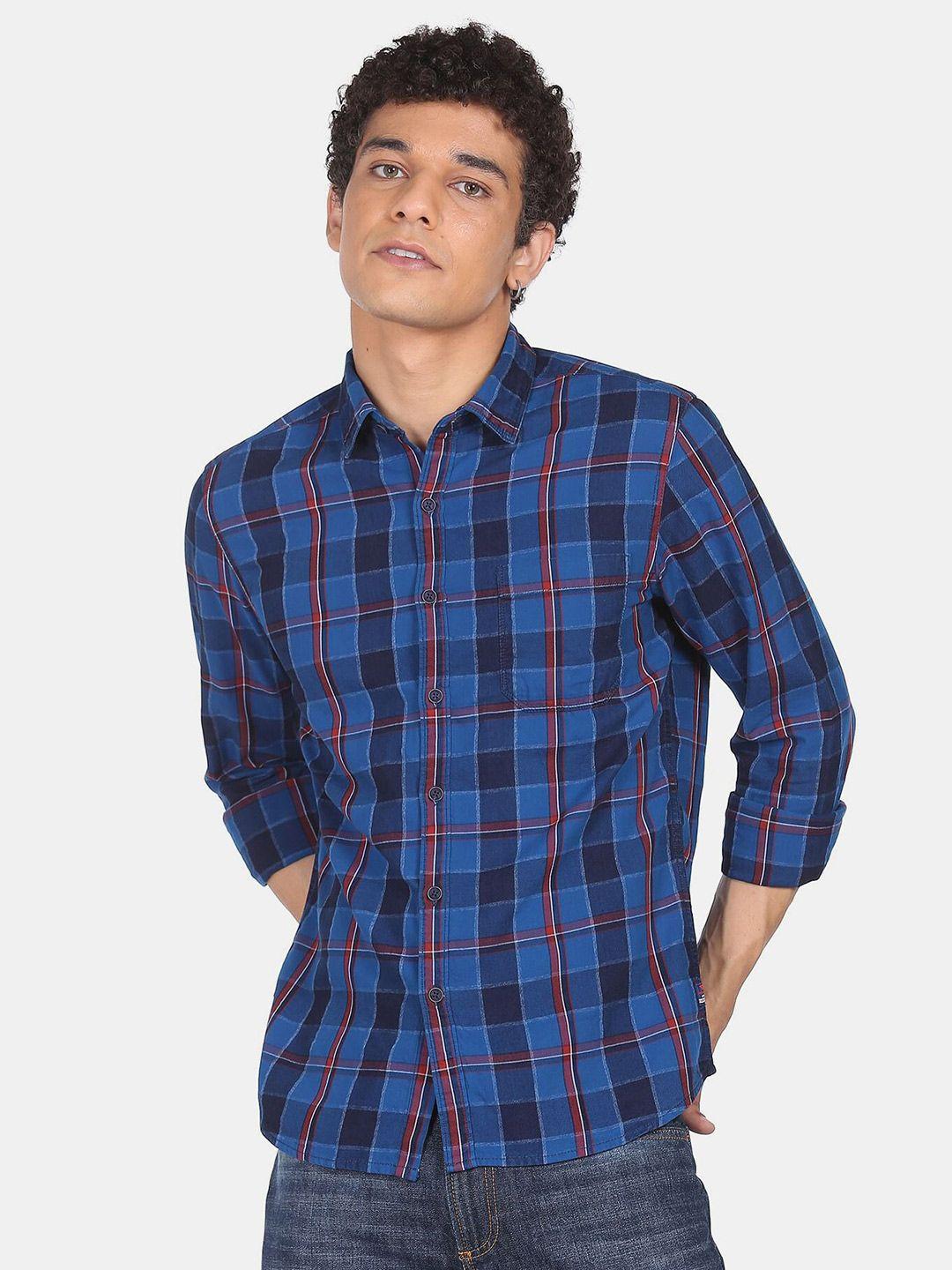 flying machine men blue cotton tartan checks checked casual shirt