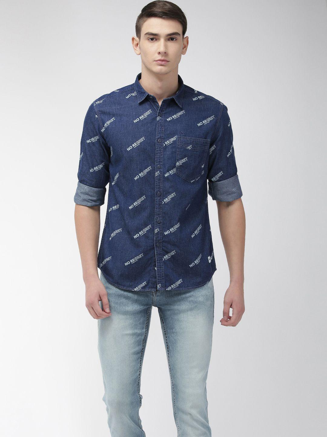 flying machine men blue regular fit printed casual denim shirt