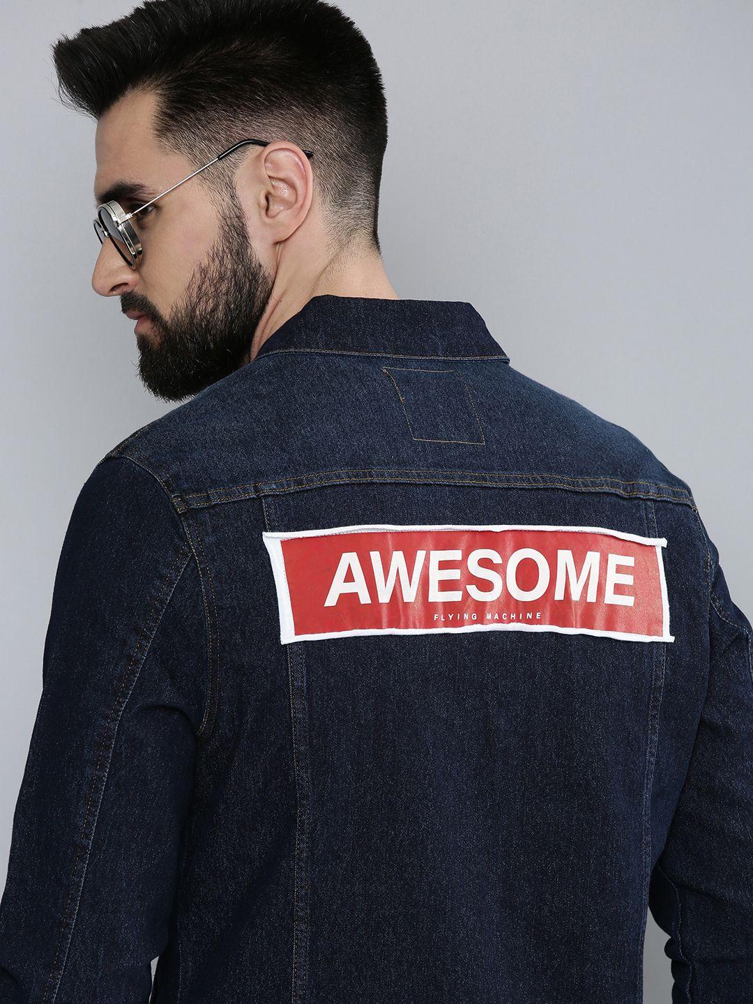 flying machine men blue typography printed denim trucker jacket