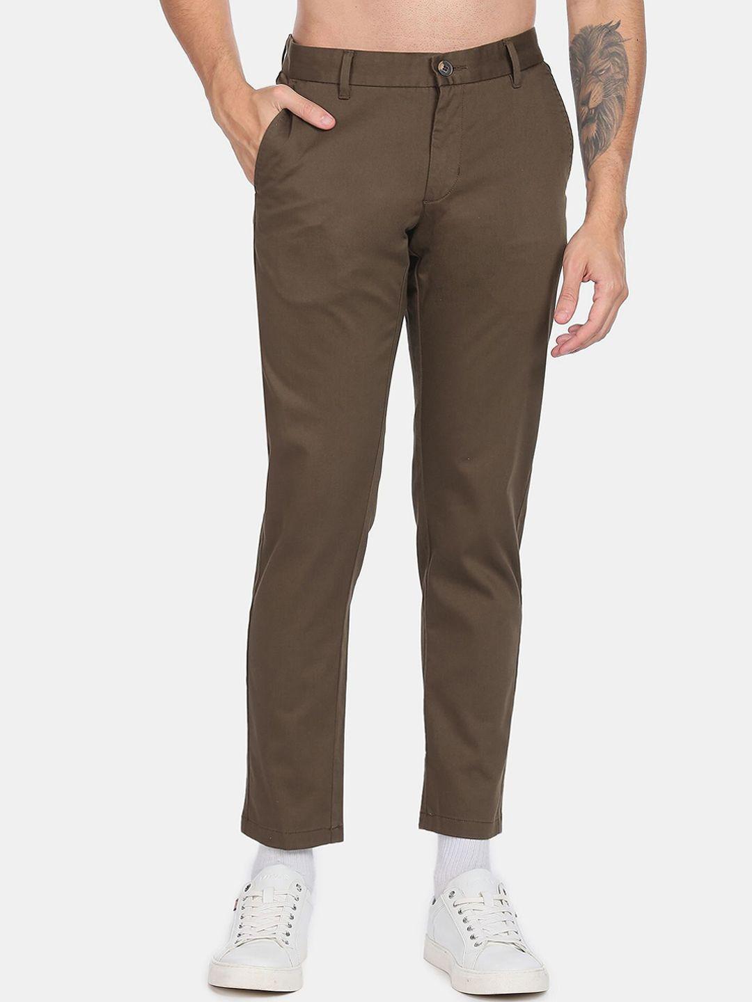 flying machine men brown slim fit cotton trousers