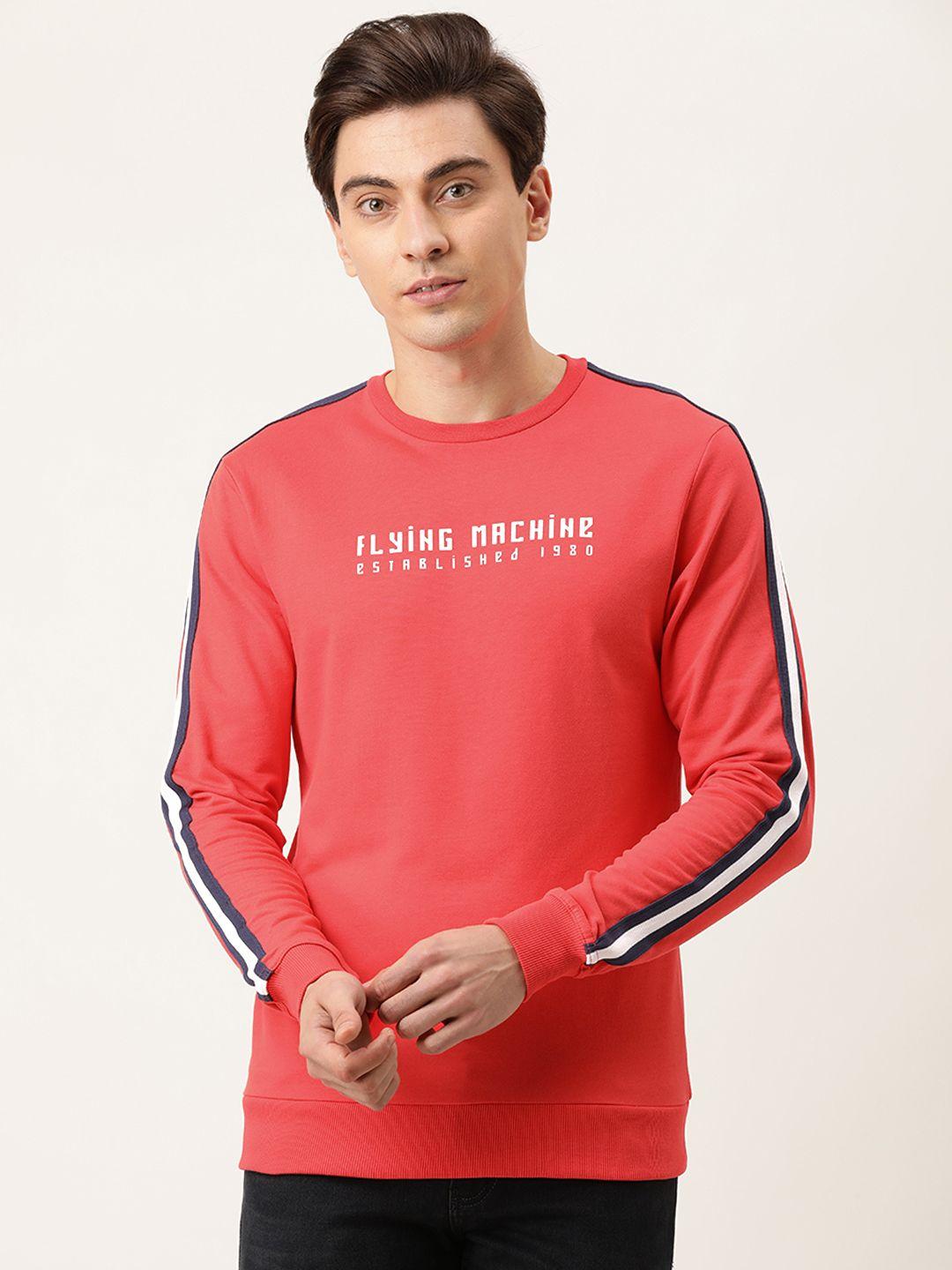 flying machine men coral red printed side striped pure cotton sweatshirt