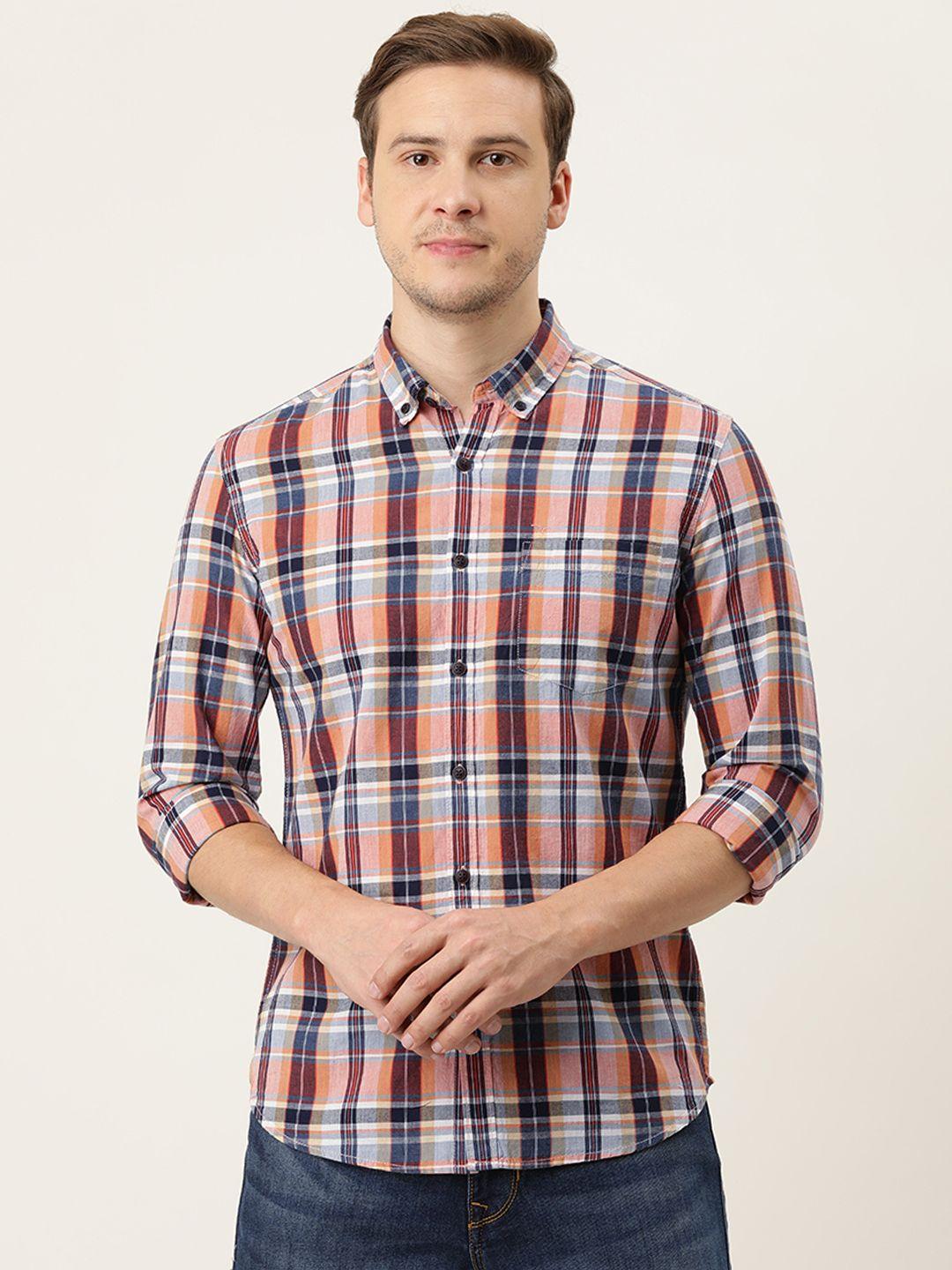 flying machine men coral slim fit tartan checks casual shirt