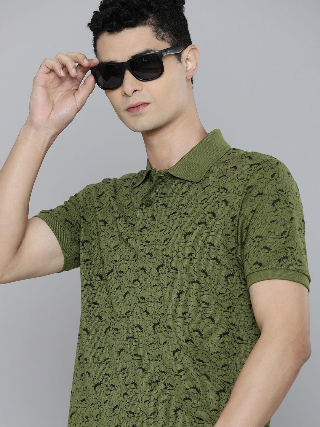 flying machine men green & black floral printed polo collar pure cotton t-shirt