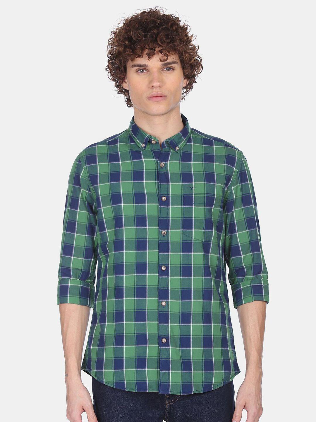 flying machine men green & blue tartan checked casual regular-fit pure cotton shirt