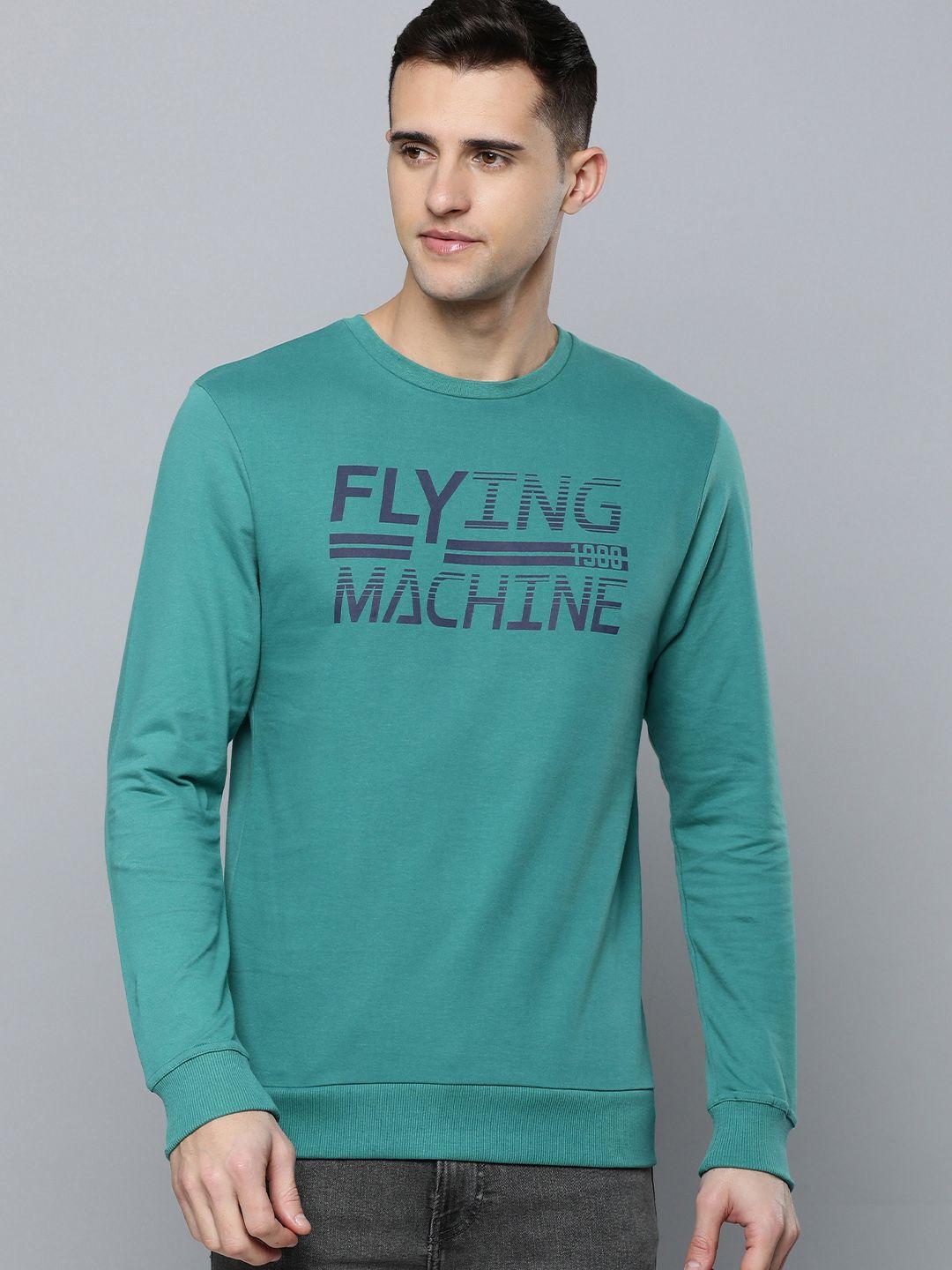 flying machine men green brand logo printed pure cotton pullover sweatshirt