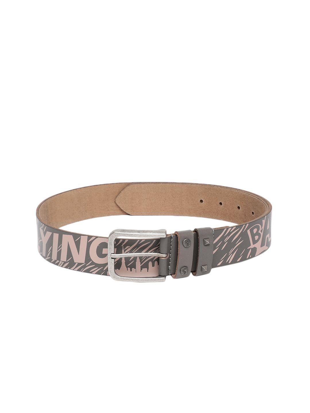 flying machine men grey & pink leather printed belt