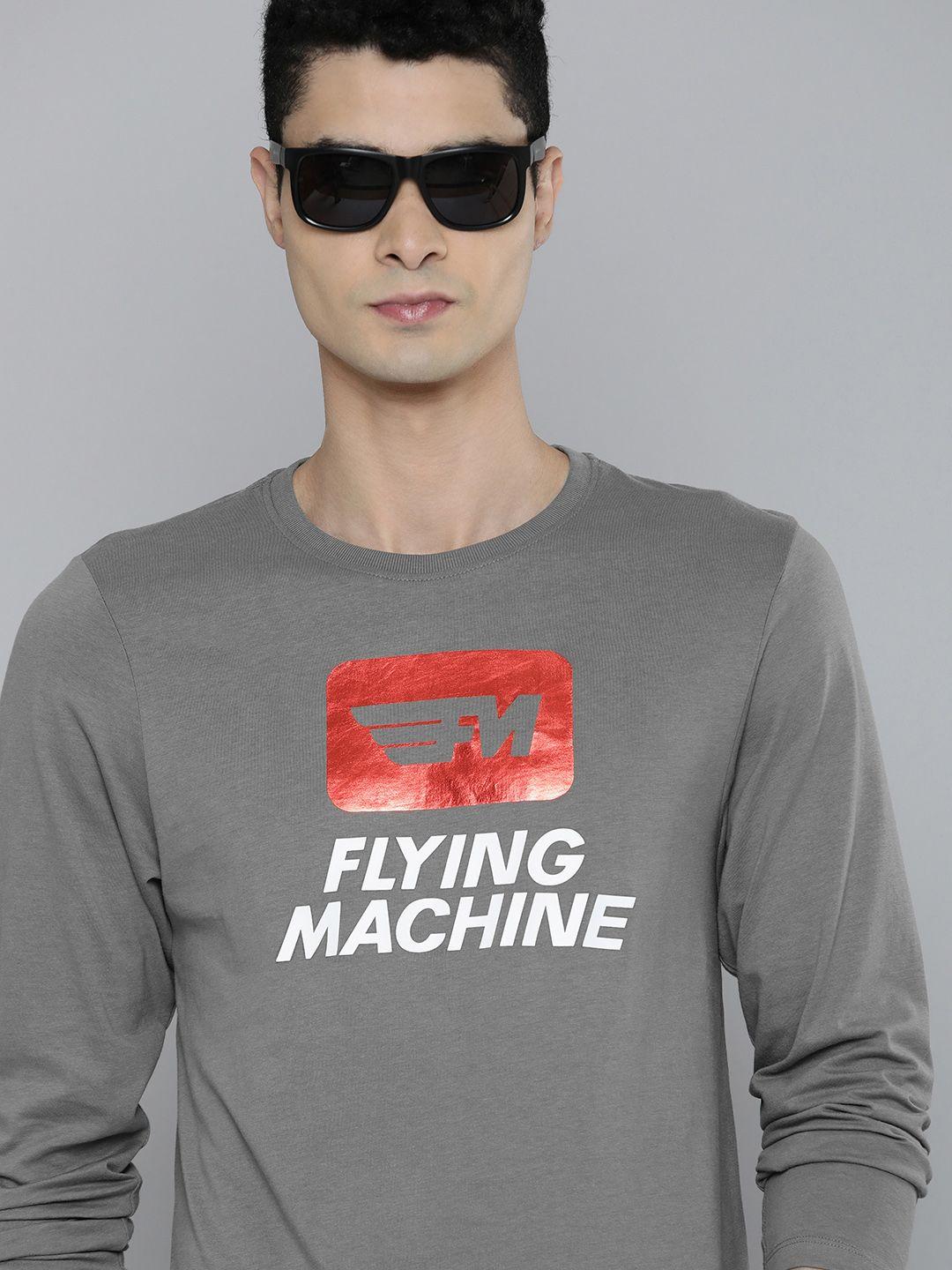 flying machine men grey brand logo print round neck pure cotton slim fit t-shirt