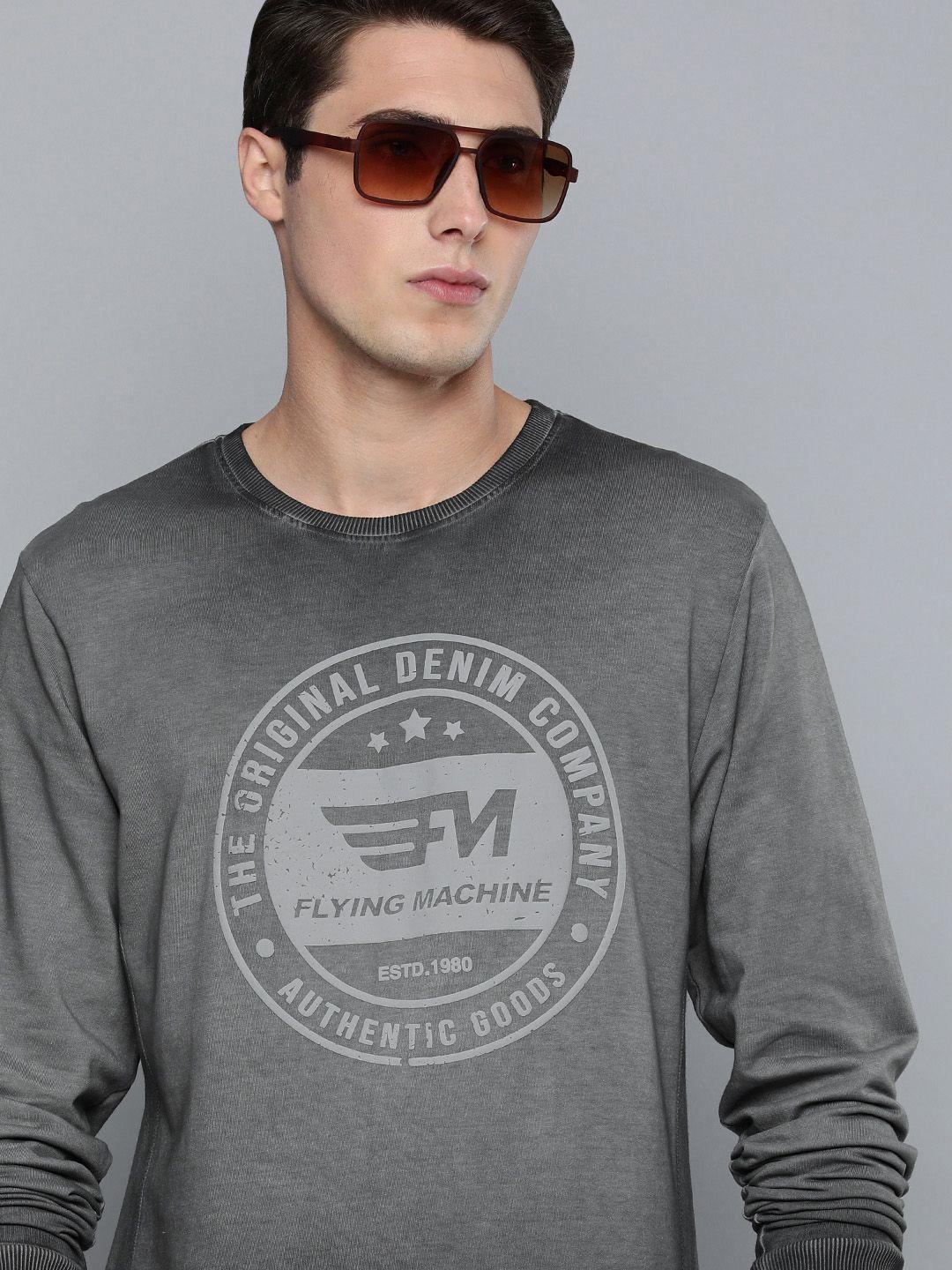 flying machine men grey brand logo printed pure cotton pullover sweatshirt