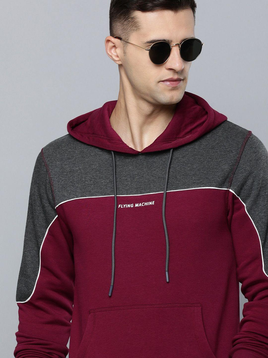 flying machine men maroon & grey colourblocked hooded sweatshirt