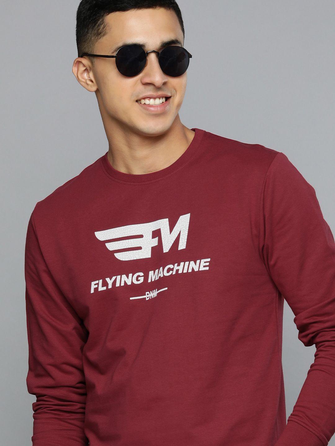 flying machine men maroon brand logo printed pure cotton sweatshirt