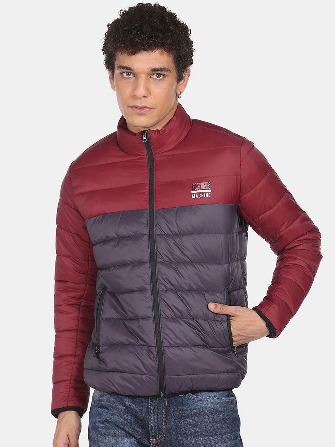 flying machine men maroon purple colourblocked padded jacket