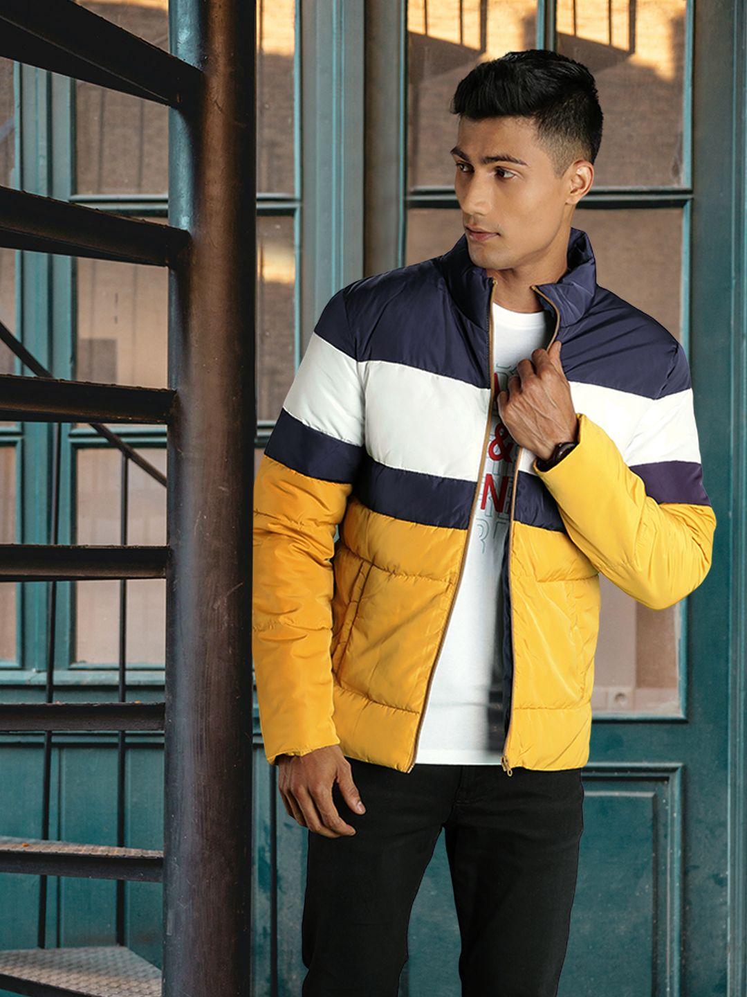 flying machine men mustard yellow & blue colourblocked puffer jacket