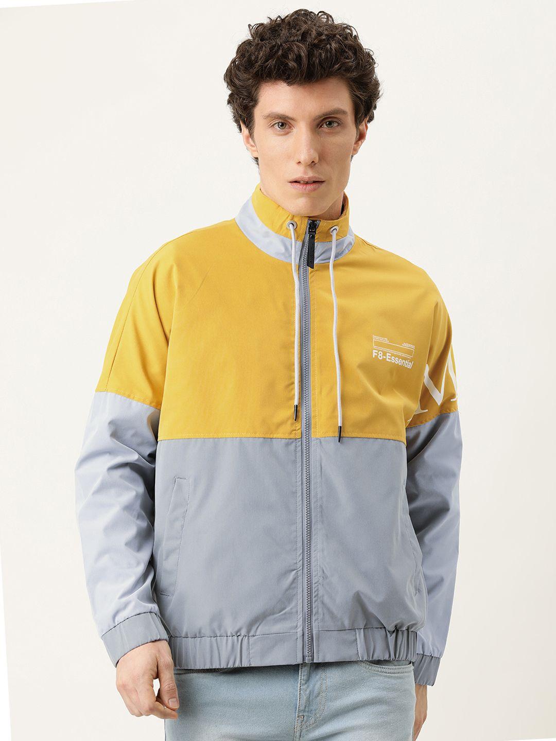 flying machine men mustard yellow & grey colourblocked bomber jacket