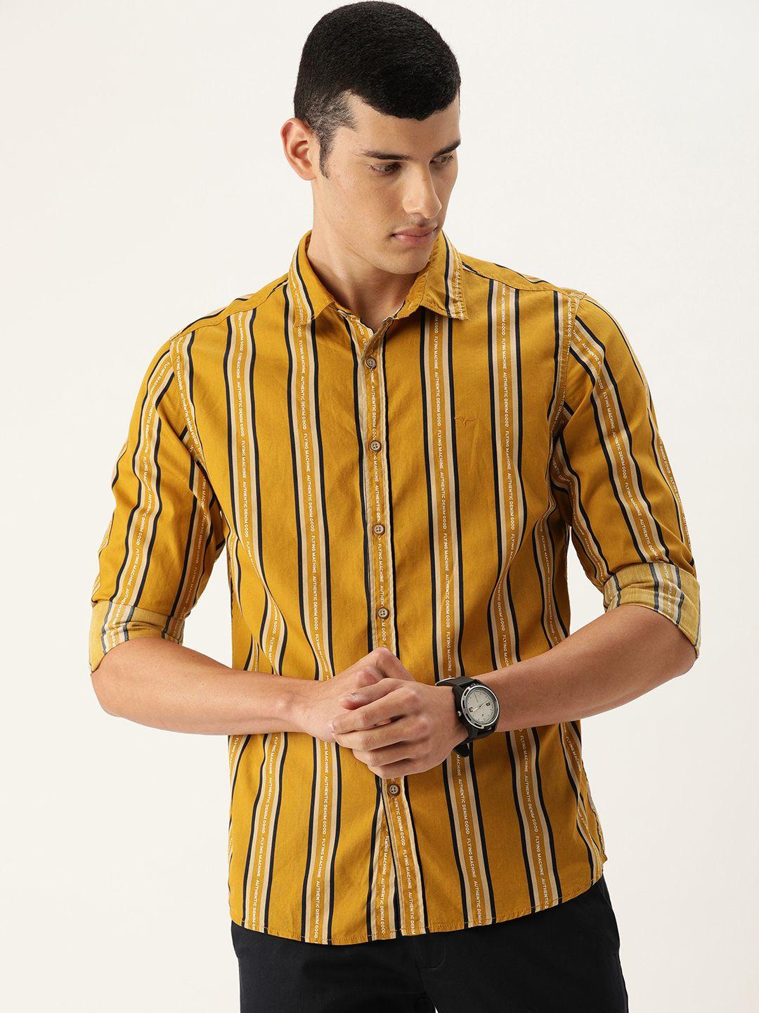 flying machine men mustard yellow & navy blue slim fit striped casual shirt