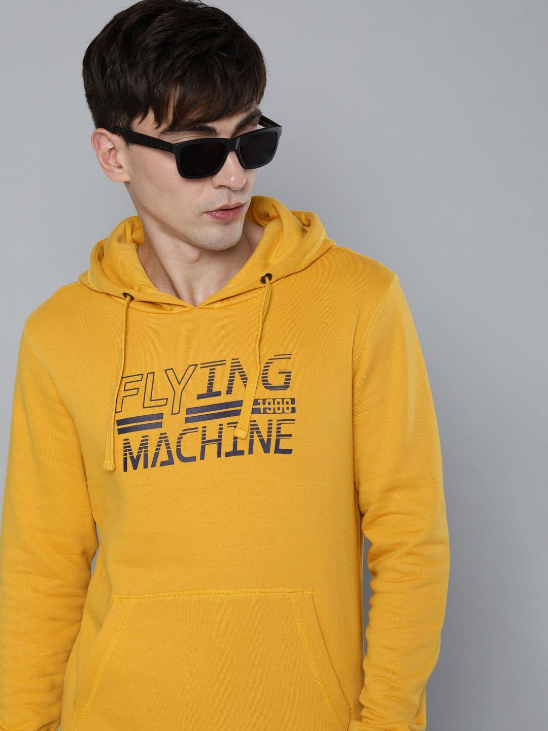 flying machine men mustard yellow brand logo printed hooded sweatshirt