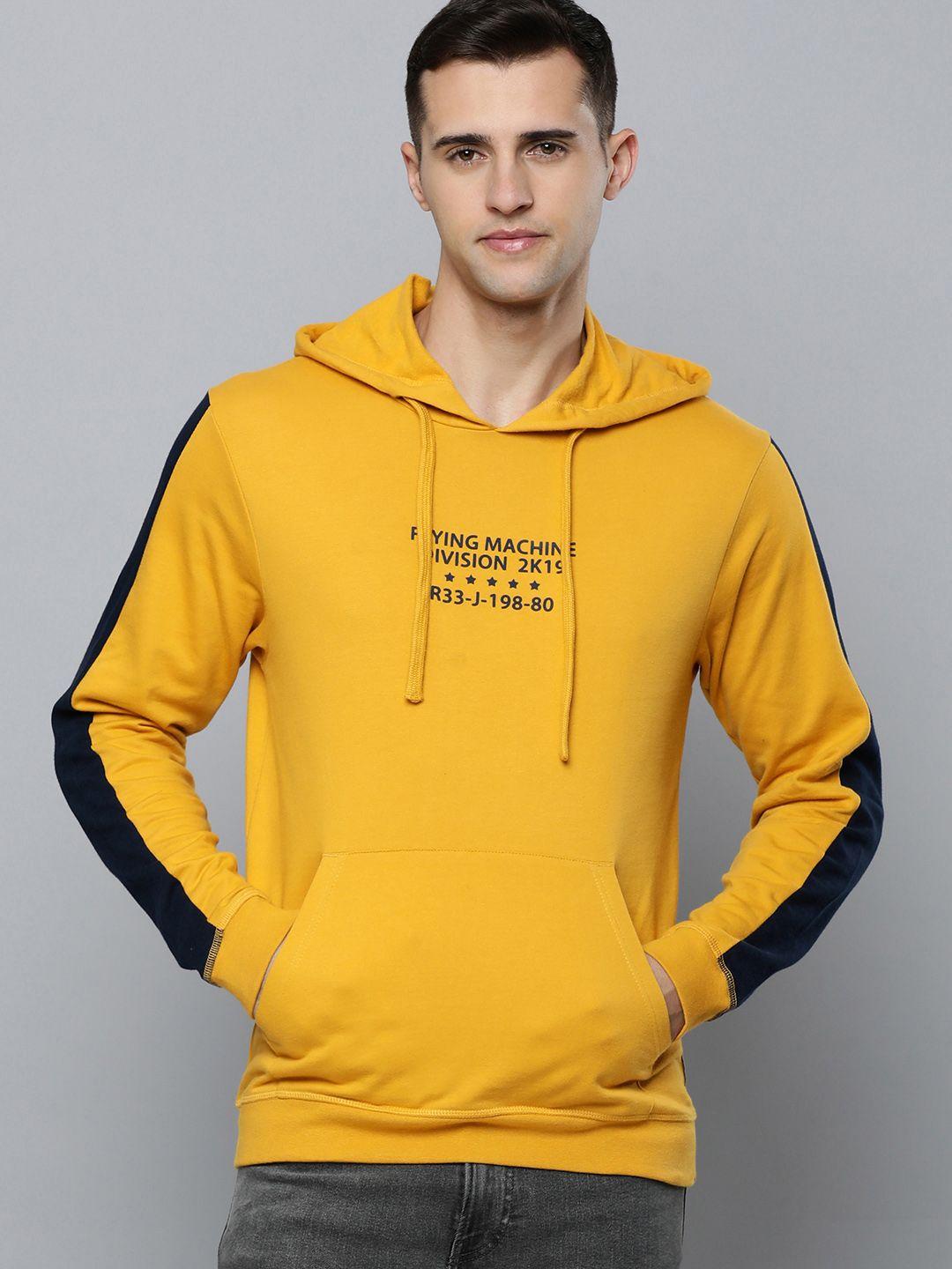 flying machine men mustard yellow brand logo printed pure cotton hooded sweatshirt