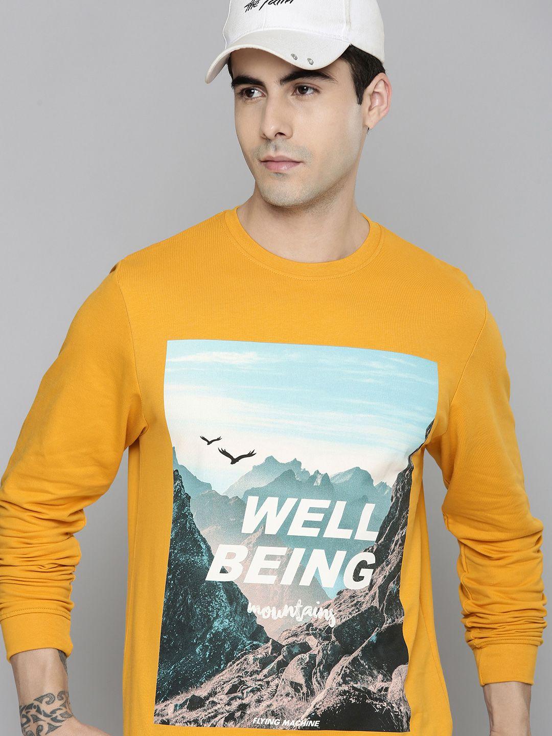 flying machine men mustard yellow graphic printed pure cotton sweatshirt