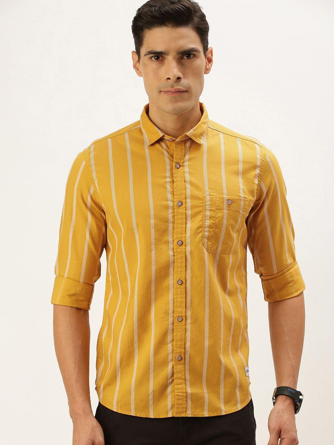 flying machine men mustard yellow slim fit striped casual shirt