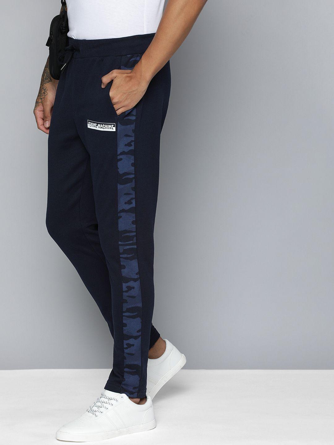 flying machine men navy blue brand logo applique track pants with side printed panels