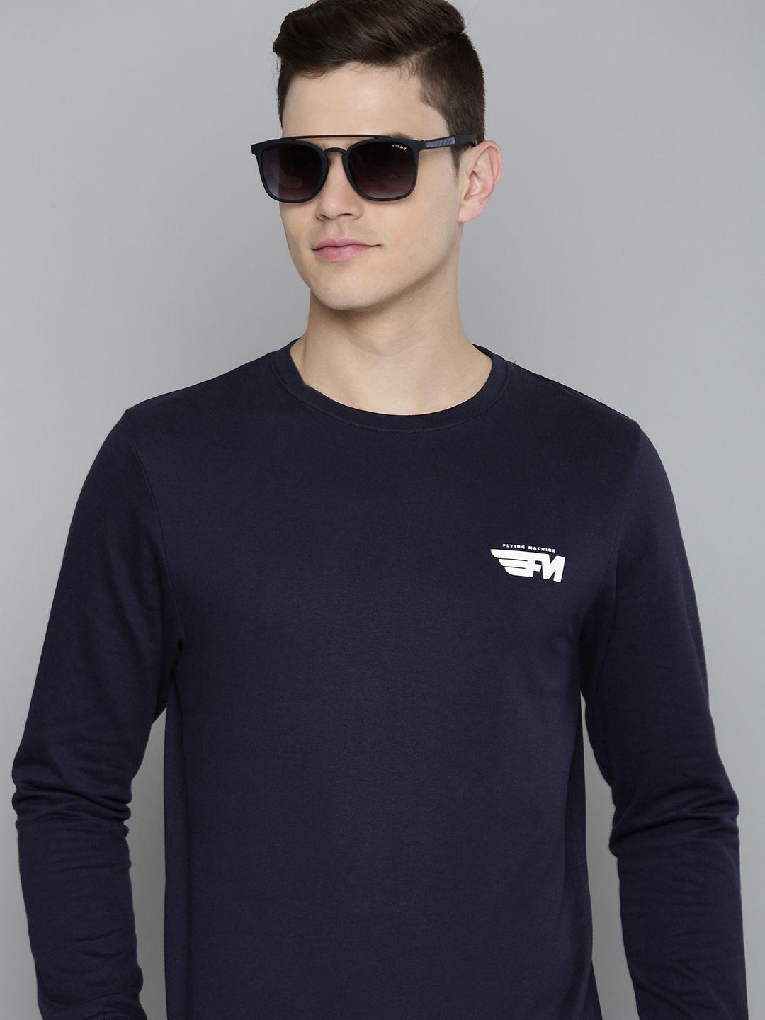 flying machine men navy blue printed pure cotton sweatshirt