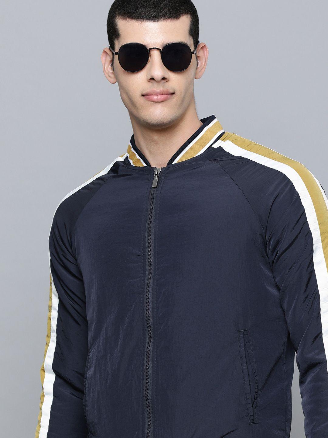 flying machine men navy blue solid bomber jacket with taping detail