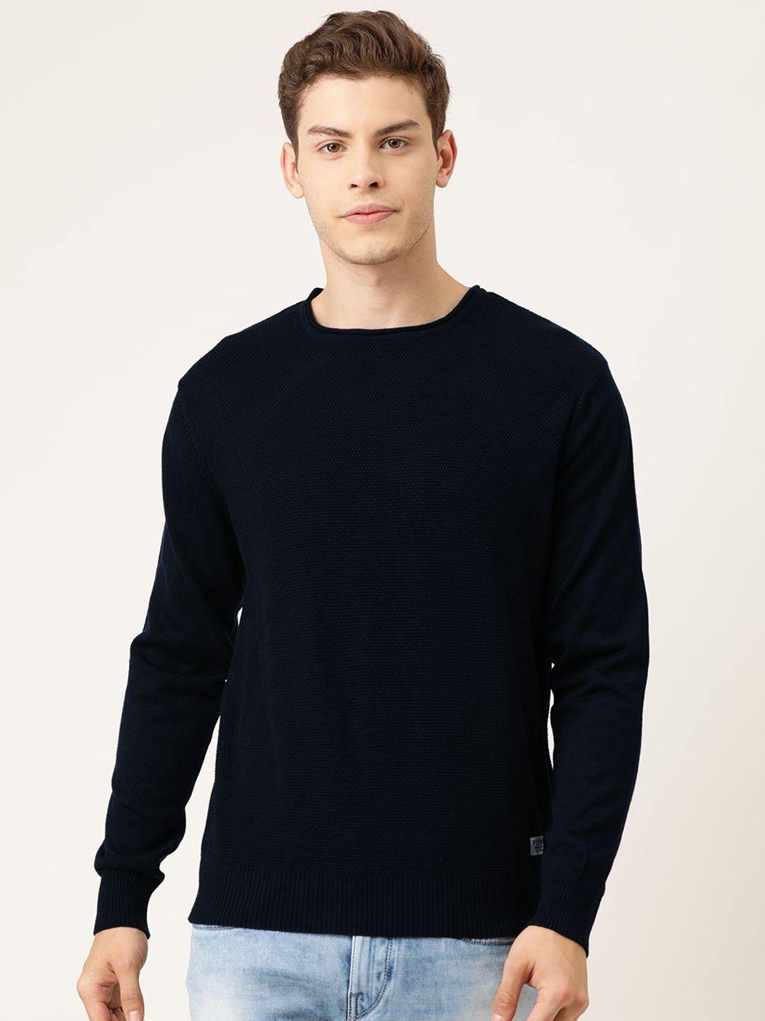 flying machine men navy blue solid pullover sweater