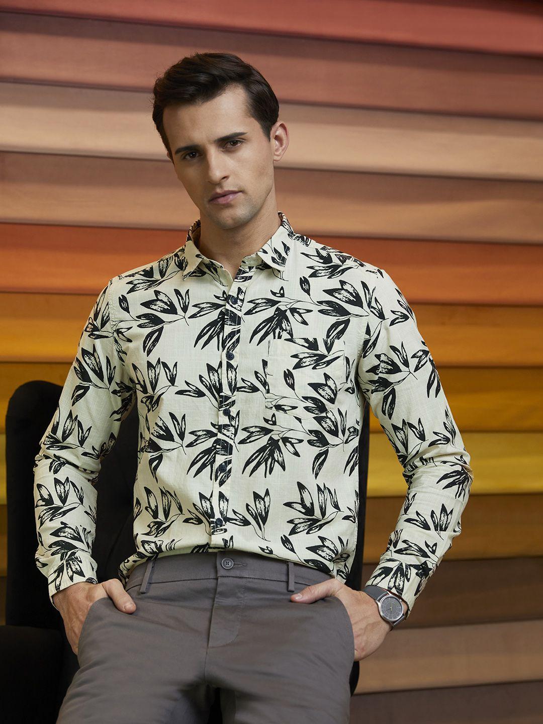 flying machine men off white & black slim fit floral printed casual pure cotton shirt