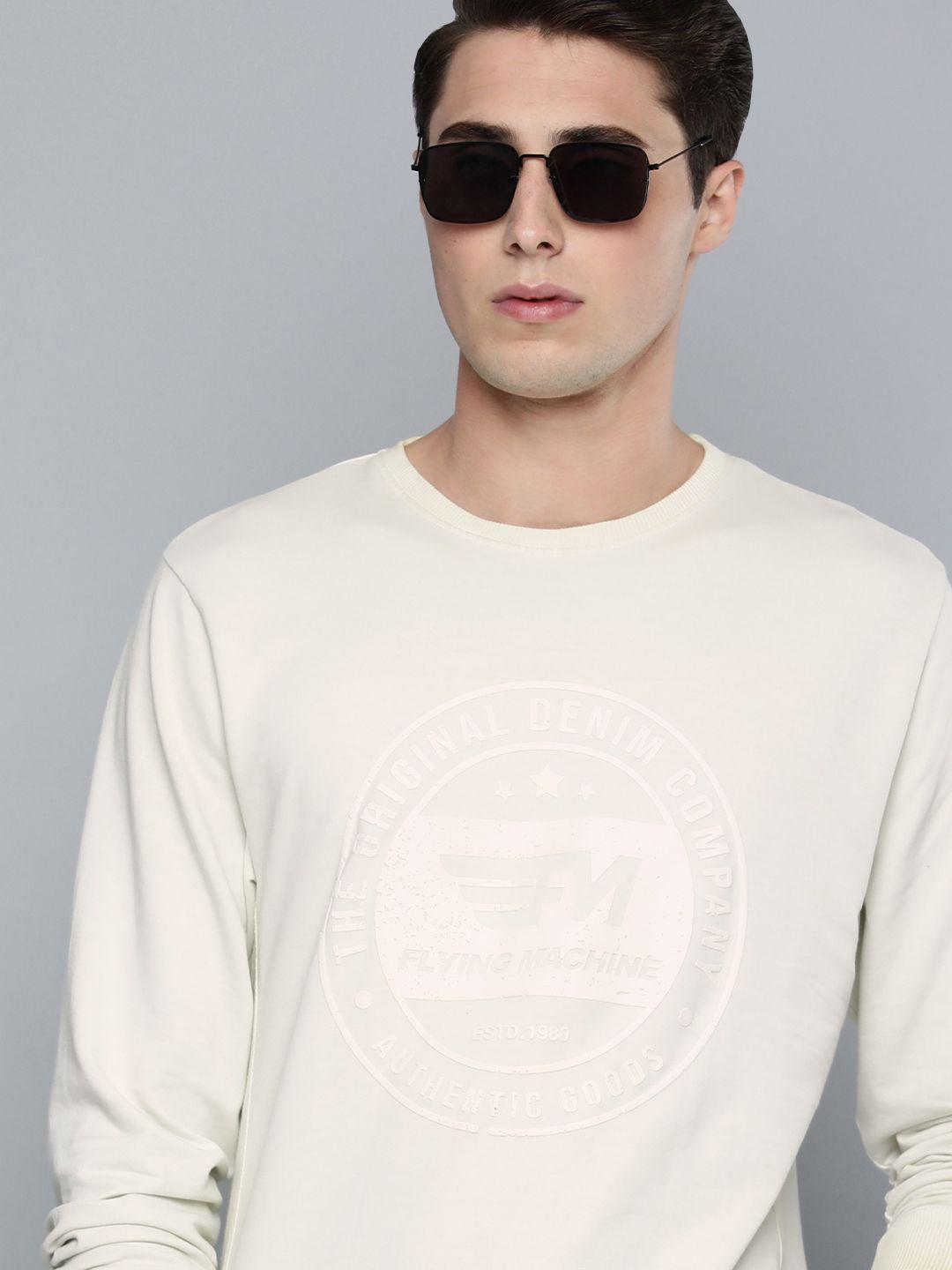 flying machine men off white brand logo printed pure cotton pullover sweatshirt