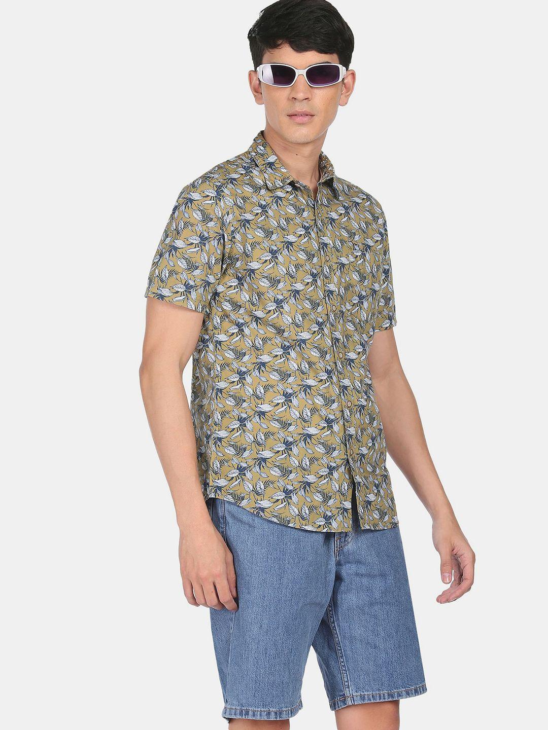 flying machine men olive green & blue opaque printed pure cotton casual shirt