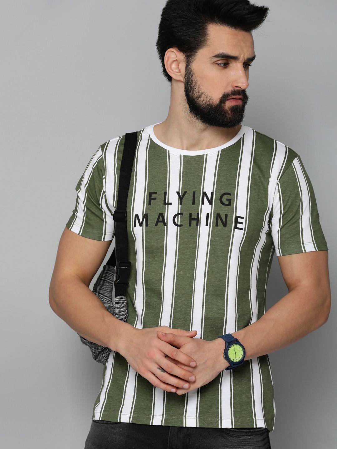 flying machine men olive green & white striped pure cotton t-shirt