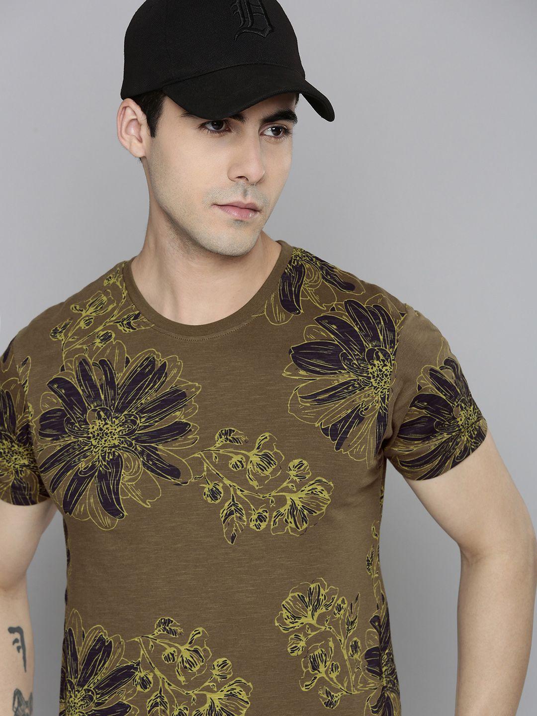 flying machine men olive green & yellow floral printed pure cotton slim fit t-shirt