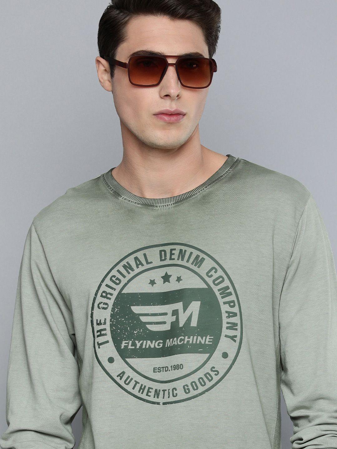 flying machine men olive green brand logo printed pure cotton pullover sweatshirt