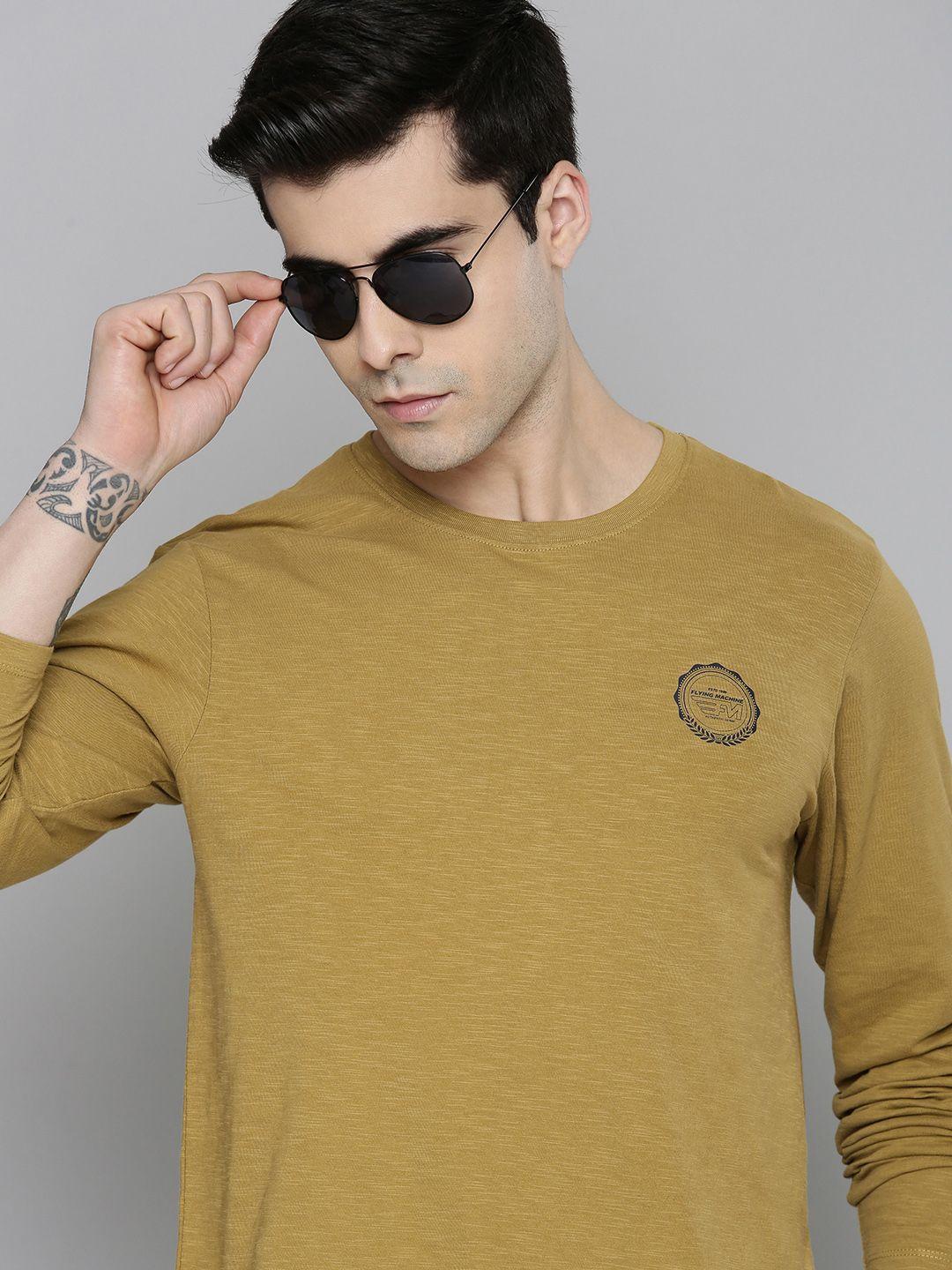 flying machine men olive green brand logo printed pure cotton slim fit t-shirt