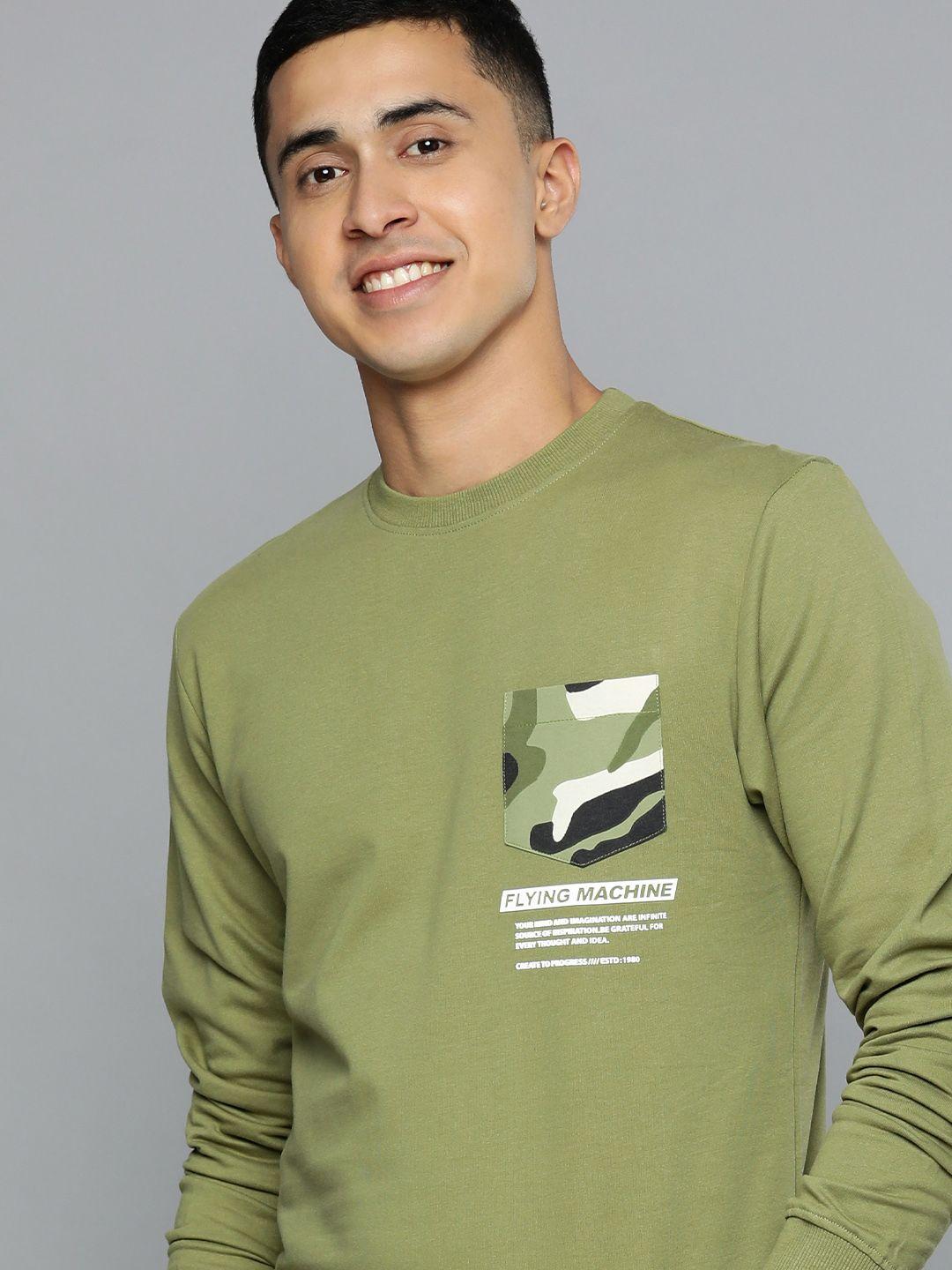 flying machine men olive green brand logo printed pure cotton sweatshirt with chest pocket