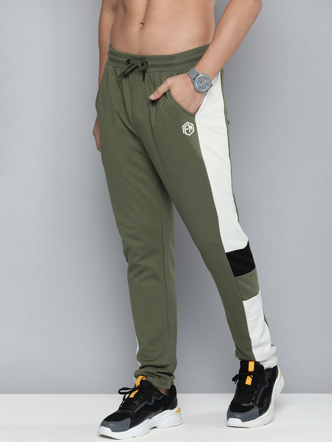 flying machine men olive green colourblocked mid rise casual track pants