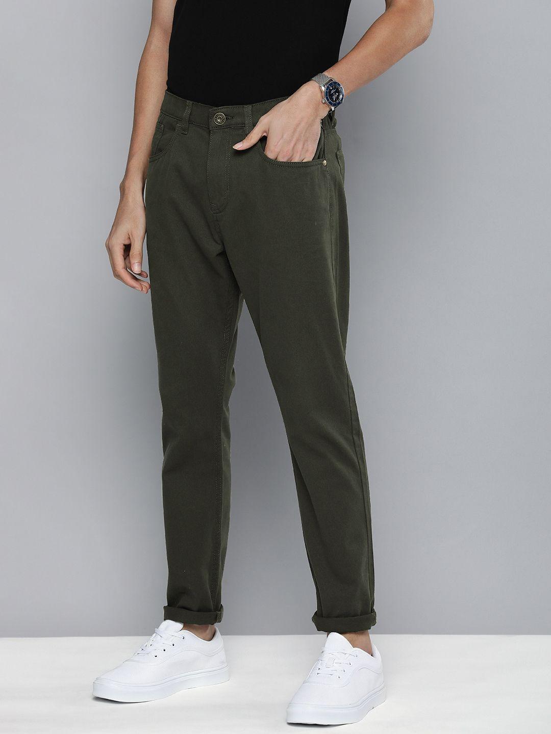 flying machine men olive green printed casual trousers