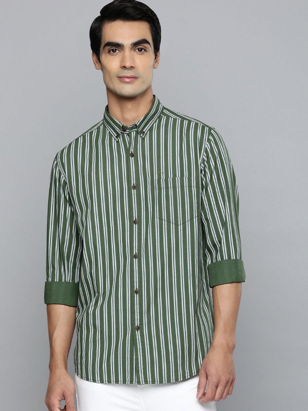 flying machine men olive green slim fit vertical stripes opaque pure cotton casual shirt